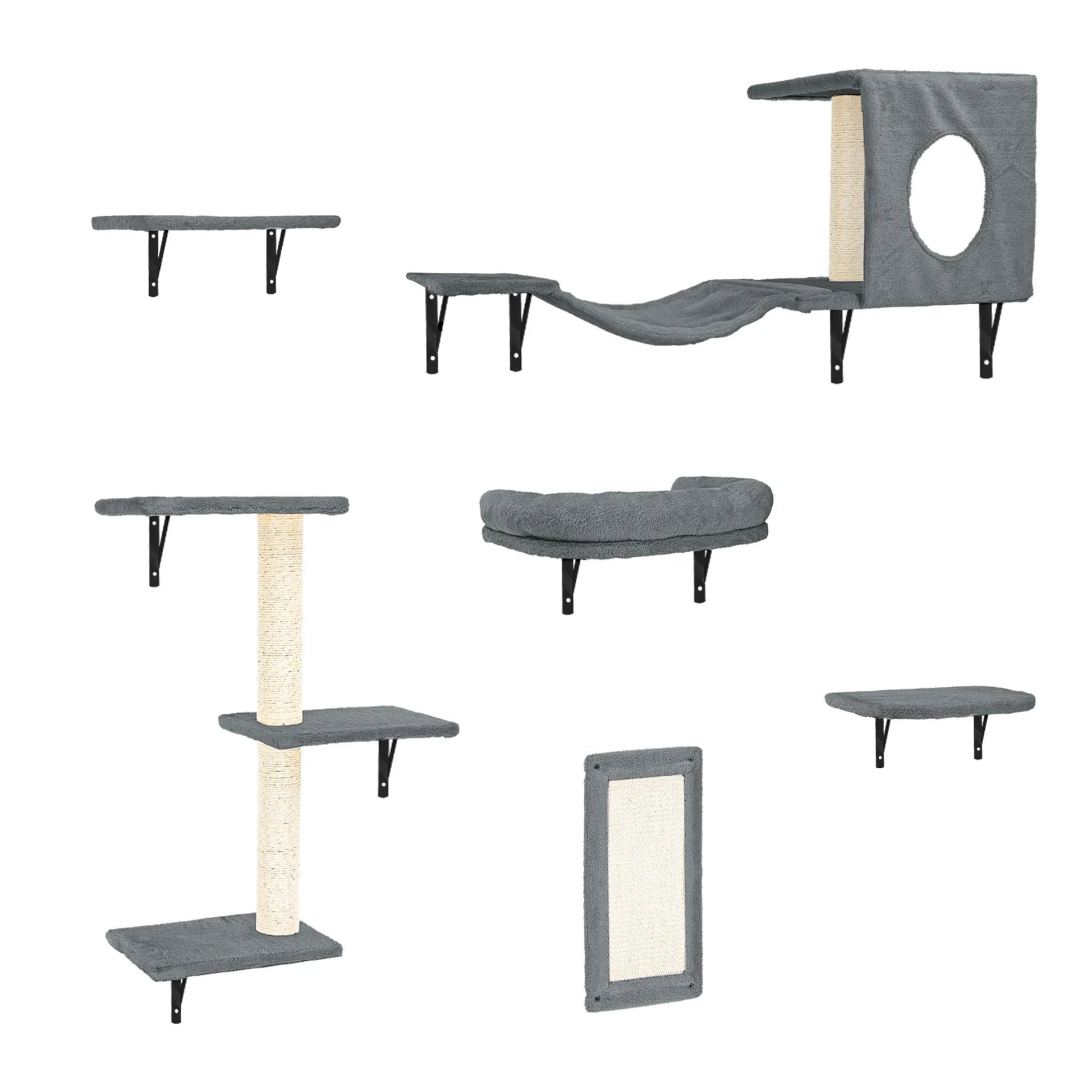 Cat Wall Shelves and Perches Set of 6 with Cat Perch, Indoor Cat Condo for Sleeping Playing Lounging Climbing Cat Tree House, Gray